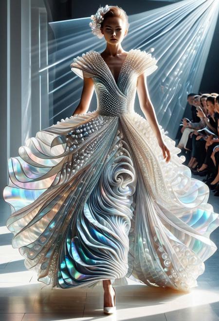 best quality, masterpiece, high resolution, intricate detailed,
beautiful photo of a Avant-garde Fashion - Model walking fashion catwalk, wearing sculptural Pearlum dress, folded dress, swirling dress, patterns, iridescent,  translucent. 
novuschroma54 style,
rays of light, natural light, full body,