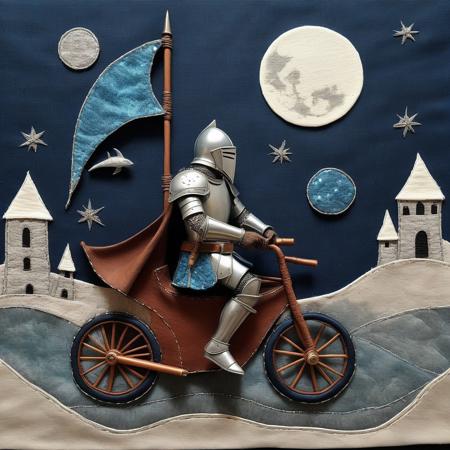 cs-l3ath3r, a realistic armored knight, riding a tricycle, night background, moon, medieval, cape, eerie environment, knight over dolphin, castle background