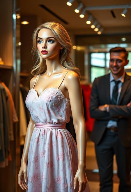 a realistic full-body image of a beautiful woman in a lovely dress being transformed into a living  store mannequin in a clothes store. The scene has atmospheric, soft ambient lighting, providing clear detail. The woman looks surprised, with expressions of wonder and curiosity. Her transformation is halfway, featuring clearly distinct mannequin elements like joints, seams, and her hair slowly turning into a wig. She is in a mannequin pose. A human manager watches with amusement. Ensure high detail, sharp focus, balanced shadows, and harmonious colours to capture the surreal transformation.