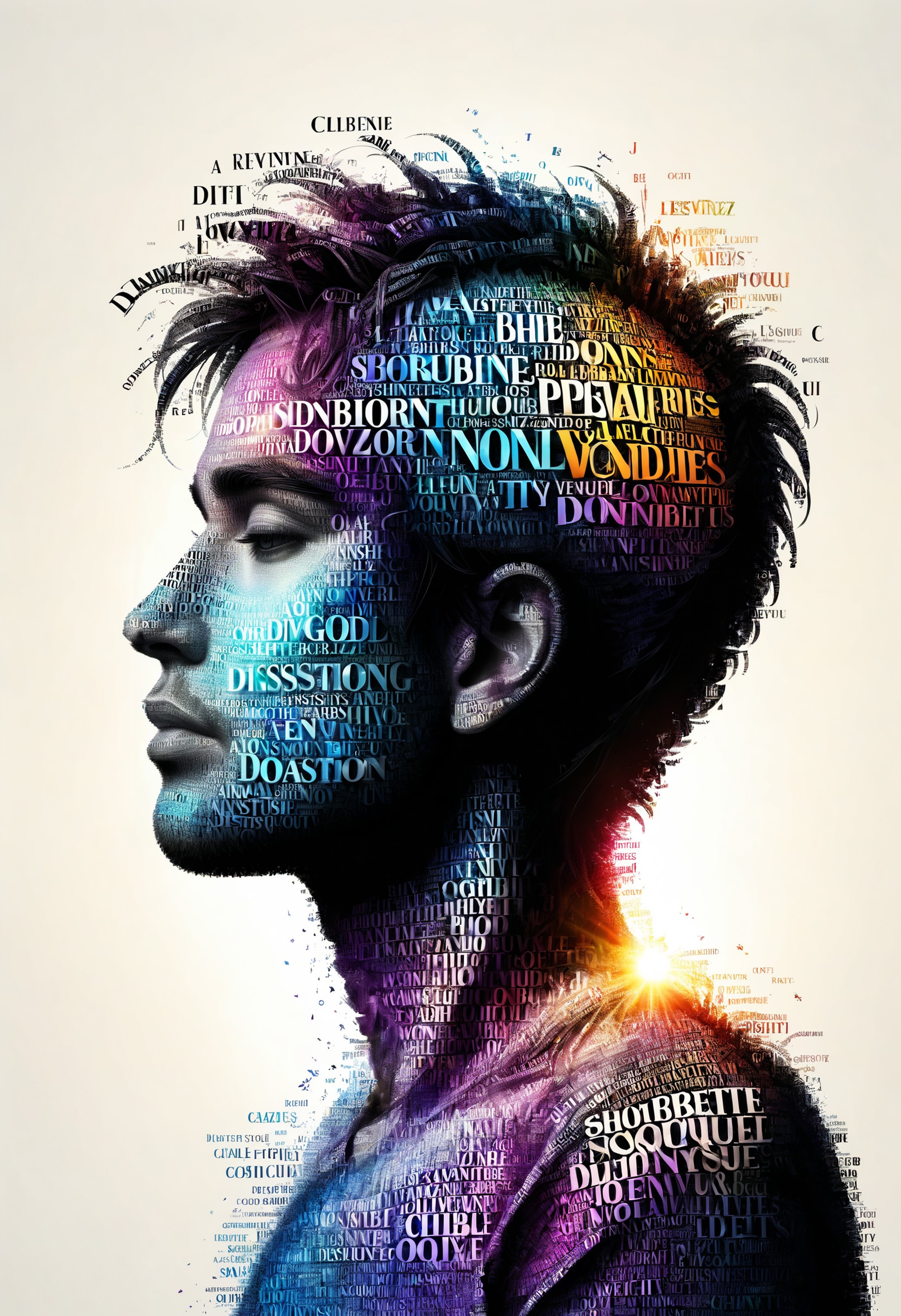 the silhouette of a person made of a word cloud, dissolving into letters, god rays, double exposure, a colorful digital wo...