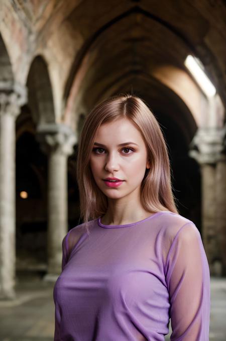 A full color portrait of a  beautiful woman, wearing a purple top, in a somber undercroft, lipstick, epic character composition,by ilya kuvshinov, alessio albi, nina masic,sharp focus, subsurface scattering, f2, 35mm, film grain <lora:DidoAngel:1>