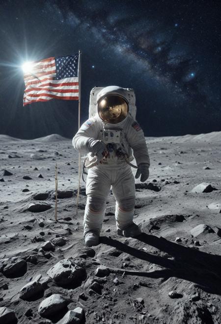 CosmicStyle, score_9,score_8_up,score_7_up,score_6_up,score_anime, masterpiece,
BREAK
CosmicStyle, astronaut on the moon, glowing with light, dynamic pose, planting a flag, earth is visible in the background,  ultrarealistic, epic, fantasy, amazing quality, best quality, ultra-detailed,
BREAK
Best lighting, best textures, best contrast, Pg-rating, sfw
