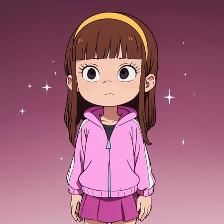 1girl, solo, Amy Anderson,  long hair, brown hair, blunt bangs, black eyes, hairband, pink jacket, magenta  skirt,   1girl, solo, Amy Anderson,  long hair, brown hair, blunt bangs, black eyes, hairband, pink jacket, magenta  skirt, brown boots, 