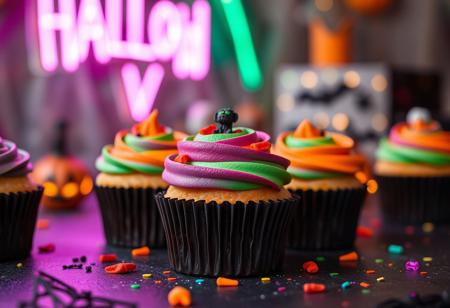 halloween colorful cupcakes in on the decorated table, 90mm lens close-up shot, neon lights on the background