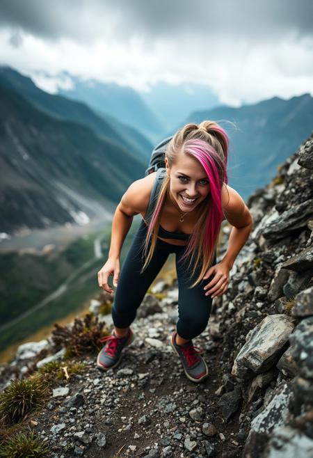 A dynamic shot of a 26-year-old athletic woman with blue eyes and long blonde hair with pink streaks, actively climbing a steep section of a mountain path, showcasing her determination and strength. The surrounding landscape is dramatic and wild