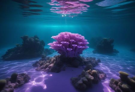 The shallow waters of an alien coral reef on an alien planet, harmless alien sea creatures, soft shafts of purple light penetrate the water, a shoal of alien fish swim into the foreground, source_alien, the alien sea is full of aquatic life, 
hyperrealistic, photorealistic, highly detailed, professional photography, award winning wildlife photography, wide_angle, serine, calm, relaxing,underwater,under the water,under water