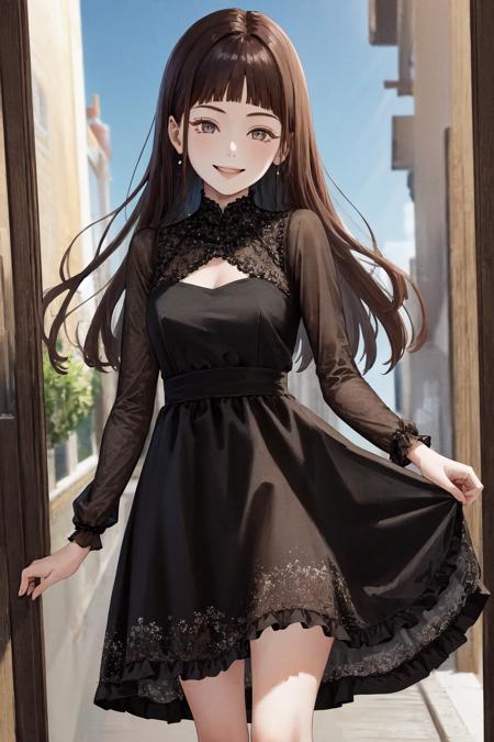 masterpiece, best quality, highres, 1girl <lora:helga_no_outfit:1> black dress frilled dress, smile