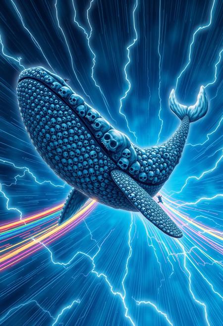"Create an anime-style image of a gargantuan whale flying through the air at incredible velocity, its mouth agape and revealing a cavernous void within. But this is no ordinary whale - its body is composed of hundreds of skulls, all conjoined together in a macabre yet mesmerizing spectacle. As it flies, the whale leaves behind a trail of vibrant, rainbow-colored light trails that streak across the sky like a comet's tail. The background is a deep, electric blue, with lightning-fast streaks of light and energy radiating outward from the whale. The image should be rendered in a dynamic, high-energy style, with bold lines, vibrant colors, and a sense of frenetic, cosmic chaos. Think 'Berserk' meets 'One Piece'."