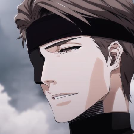 <lora:Aizen:0.9>,1man,Aizen,short brown hair,detailed face,white kimono,smirk,serious look,black hedband,black eyepatch,headband connected to eyepatch,navel