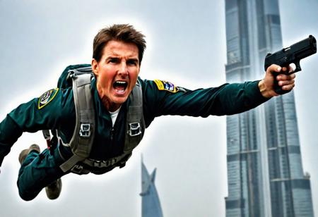 Extreme facial details, Masterpiece dynamic (cinematic shot:1.6) (Tom Cruise) action pose in [(Burj Khalifa)|(Opened Parachute Chasing scene)] (face looking pursuit:1.4) in [__medium__:photograph:0.5]  and ( davinci_:0.5), shout , detailed eyes, detailed pupils, clean face BREAK <lora:epi_noiseoffset2:0.50>, clear sky with clouds, Dubai beach, explosion, hand gun , jet pack, Dusk, mythic, fable, legend, digital art , [ : <lora:add_detail:0.7>:0.10] , symmetry, hyper realistic, detailed, intricate, best quality, hyper detailed, ultra realistic, sharp focus, bokeh, HQ, 8K, high angle RAW photo shot on IMAX, film grain, masterpiece photographic art, (photo realistic:1.4), depth of field, rule of thirds