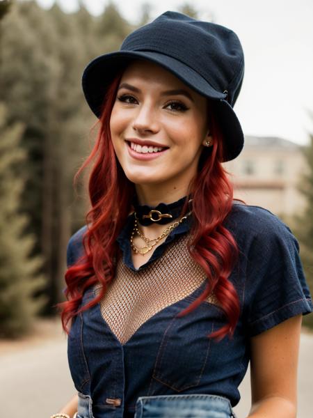 A beautiful b3ll4t woman,1girl,long hair,looking at viewer,smile,(((red hair))),shirt,hat,brown eyes,jewelry,teeth,solo focus,choker,pants,necklace,nail polish,grin,blurry,bracelet,lips,black shirt,blurry background,black choker,denim,fishnets,freckles,hand in pocket,realistic,hands in pockets,heart choker,fashion,fishnet top,soft lighting, professional Photography, Photorealistic, detailed, RAW, analog, sharp focus, 8k, HD, high quality, masterpiece<lora:b3ll4t:1.0>