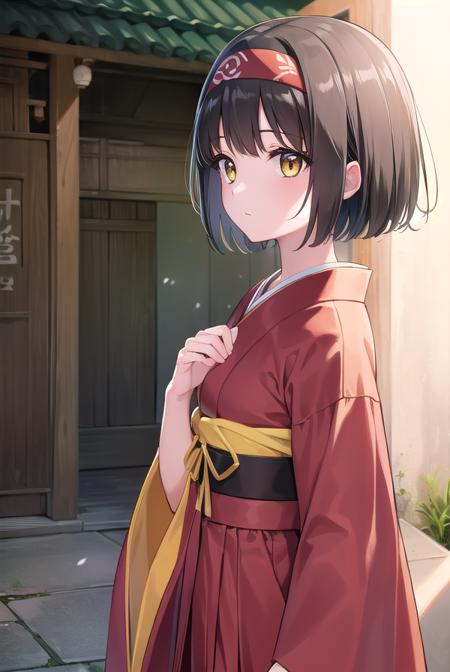 pokemonerika, (yellow eyes:1.5), black hair, headband, short hair, japanese clothes, kimono, hakama, red hakama, long sleeves, wide sleeves,