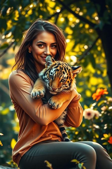 Hyperrealistic photograph, vibrant colors, high contrast: A woman holding a tiger cub on her lap, the cub is playing, cub's striped fur in sharp detail. Setting: lush animal sanctuary at golden hour, dappled sunlight through trees. Verdant foliage and flowers in background. Soft bokeh effect. Shot with high-end DSLR, razor-sharp focus on subjects. 4K resolution, HDR lighting