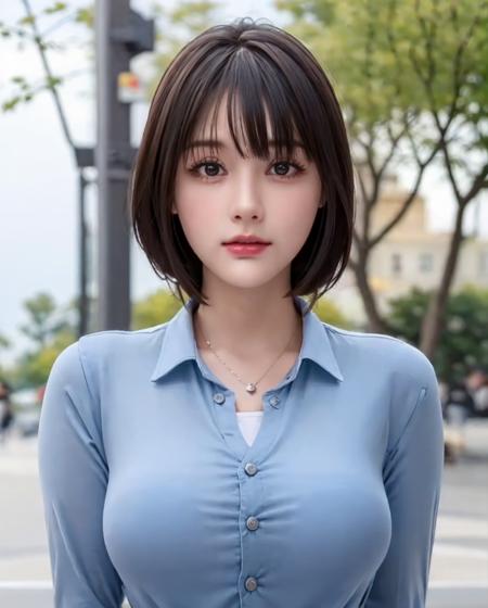 best quality, photorealistic, 8k, high res, full color, 1girl, woman, 20 years old woman, (closed mouth:1.73), (skindentation), (portrait:0.6), trees, park bench, daylight, ((park background:1.52)), full color, ((bluebuttonedshirt:1.58)), looking at viewer:1.8, (1girl eyes looking at viewer:1.55), (medium hair, brownhair, partedbangs:1.45), (bokeh), <lora:AAG-qian:0.69>