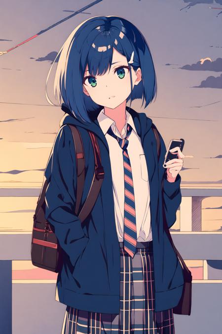 masterpiece, best quality, 1girl, solo, looking_at_viewer, skirt, shirt, school_uniform, jacket, white_shirt, outdoors, parted_lips, necktie, sky, striped, cloud, hood, bag, plaid, hoodie, plaid_skirt, backpack, hooded_jacket, lens_flare, hood_up, sunset, striped_necktie, recording, viewfinder, <lora:ichigoV2:1>,  <lora:ligneClaireStyleCogecha_v10:1>, flat color, ligne claire