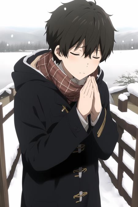 oreki houtarou, 1boy, male focus, solo, brown hair, closed eyes, plaid scarf, hooded coat, outdoors, praying, put your hands together, shrine, snow, snowing