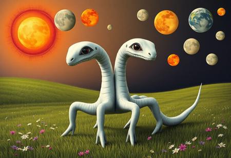 two-headed snake-alien creature with three legs, each with one central eye, hoofs, round body white skin, meadow background, multiple multi-colored suns and moons of various sizes