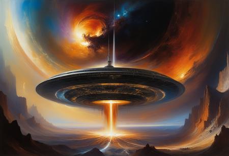 <lora:10NaturalismPainting_Hap_XL:1.5>,  Thomas Moran style, oil painting, nature, Imagine a futuristic space station positioned dangerously close to a massive black hole. The station's structures are designed with advanced technology to withstand the gravitational forces and intense radiation emitted by the swirling vortex of the black hole