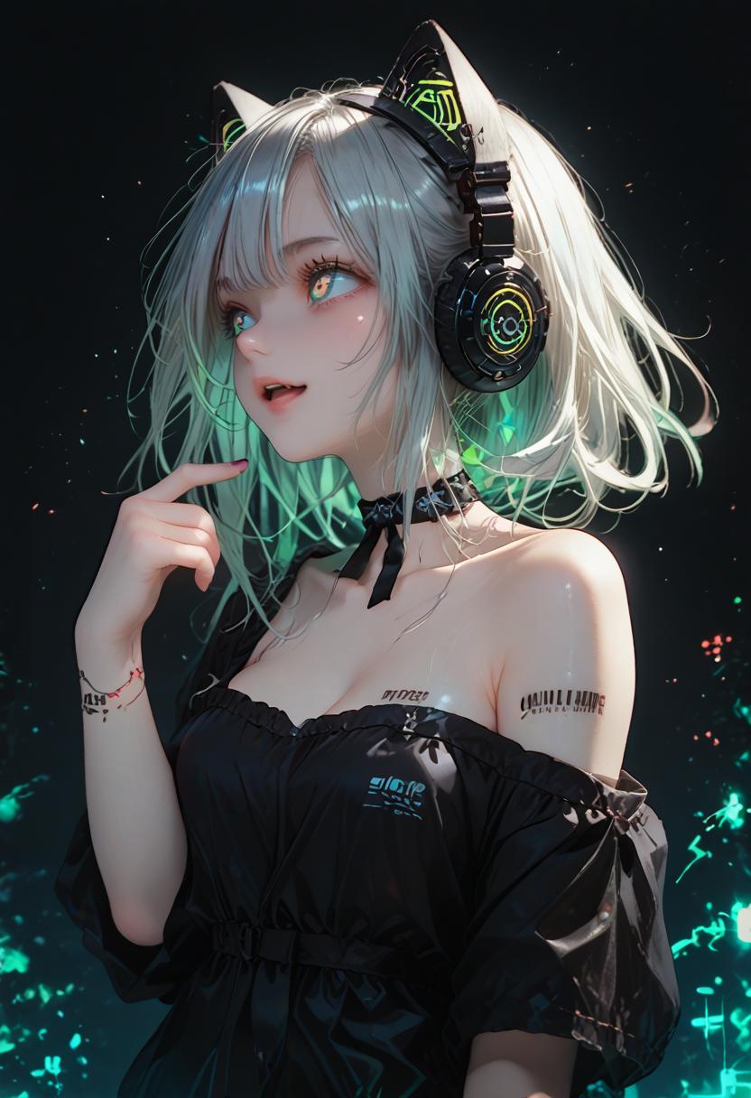 score_9, score_8_up, score_7_up, NLSTN, glowing, dark, cyberpunk, a cat girl, cute face, big breasts, silver hair, headphones, off-shoulder clothes, ribbon_choker, barcode_tattoo, glowing hair, glowing, glowing lips, glowing water background, looking away, a wild laugh, open mouth, hand up, aurora, black background, <lora:sdxl_lightning_8step_lora:1> <lora:p-skin:1> <lora:NLSTN:1,1,0,0,1,0,1,1,1,0,0,0>