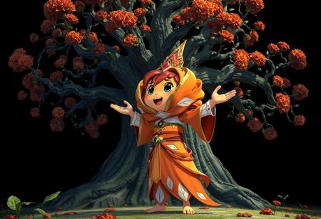Vibrant orange Rose Paladin with white accents, standing before an Ancient Tree of Enlightenment. Round body, welcoming gesture, pointed head, large black eyes, joyful shout. Grammer Effect style, splash ink illustration, Artstation, Unreal Engine 5, Raphael style, Houdini style, 8k, golden ratio, wide-angle lens, anime illustration, side view, black background, James Gurney style.