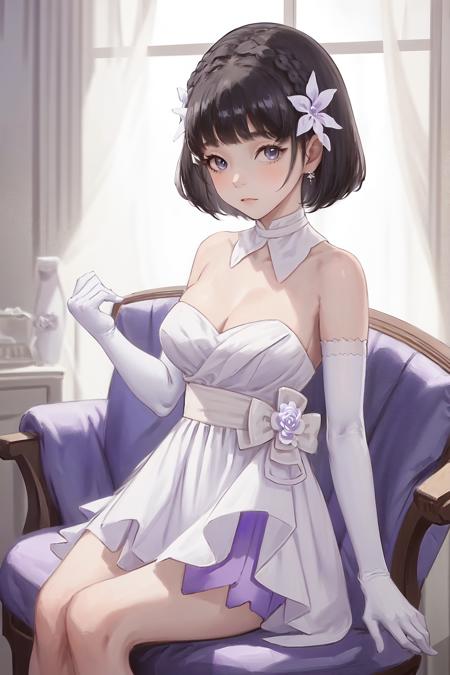 1girl lainie cyan hair flower black eyes short hair purple skirt white dress strapless dress white chocker white gloves elbow gloves cleavage bare shoulders bow flower