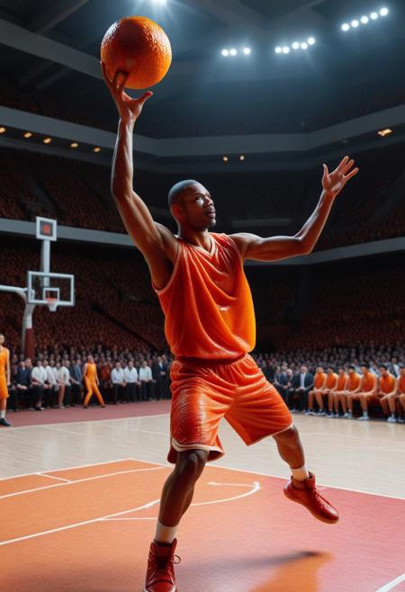 blood orange style, (made of blood orange:1.3), closeup basketball player, dynamic Kungfu fighting pose, dynamic jumping, legs up, hand up, holding huge blood orange, index finger, in Basketball court, cinematic, cinematic lighting, (masterpiece, best quality:1.4), ultra-high res, 4k, Photorealistic, insanely detailed, sfw,