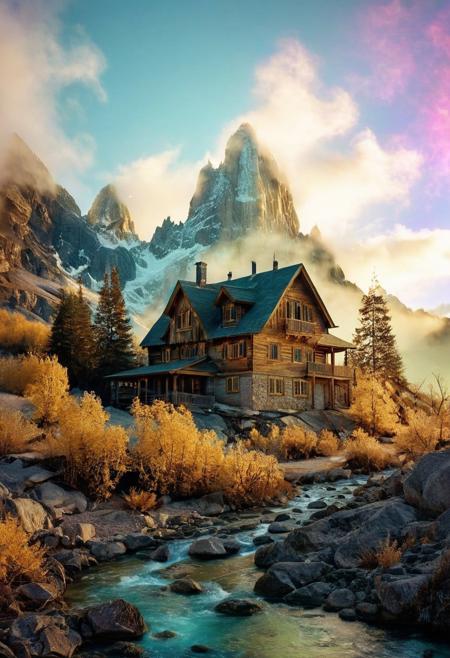 (by Ellen Jewett:1.5), ((gold Bioluminescent Impressionism: 1.8), The Dreamland), their peaks veiled in mist. mixed media, surrealism, great lighting, A surreal landscape highly detailed . extremely high-resolution details,  appears trapped in an optical illusion of reflections and refractions colorful , luxurious mountain cabin, ice and snow, professional photography, natural lighting, volumetric lighting maximalist. intricately detailed, complex, elegant, expansive, fantastical, film photography style,  medium grain,  <lora:MJ52:0.3>  <lora:SDXLFaeTastic2400:0.4>  <lora:EpicF4nta5yXL:0.7>.ethereal landscapes, depth of field, biotech emotion:1.3) <lora:xl_more_art-full_v1:0.5> <lora:add-detail-xl:1> <lora:RMSDXL_Creative:2>