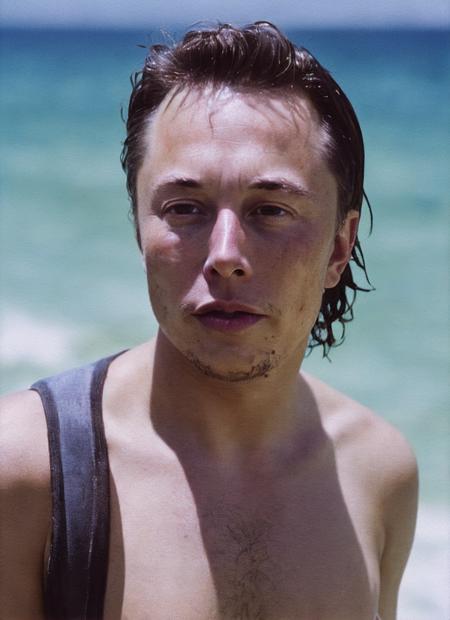 photo of beautiful sks person, hyper realistic photograph, detailed face,film grain, Kodak portra 800, f1.8, intricate, at the beach, <lora:locon_elon_v1_from_v1_64_32:1.25>