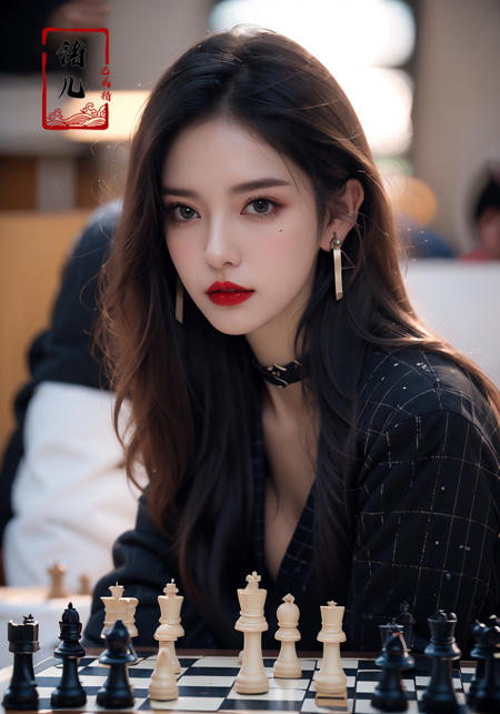 masterpiece, best quality, 32k uhd, insane details, intricate details, hyperdetailed, hyper quality, high detail, ultra detailed, Masterpiece, blurry backgrounddepth of field(wide shot, wide-angle lens,Panoramic:1.2),super vista, super wide AngleLow Angle shooting, super wide lens,
1girlsolo(chess piece:1.4)bangsblack hairupper body(board game:1.4)(upper body:1.4)A mature facesideways glance, (cold attitude,eyeshadow,eyeliner:0.5),(red lips:1.5),watery eyes, hand on own chin(black  shirt:1.4)mole under eye1 black necktie
jewelry earringschokercleavageeyes with light,
<lora:ah\Ys chess:0.88>