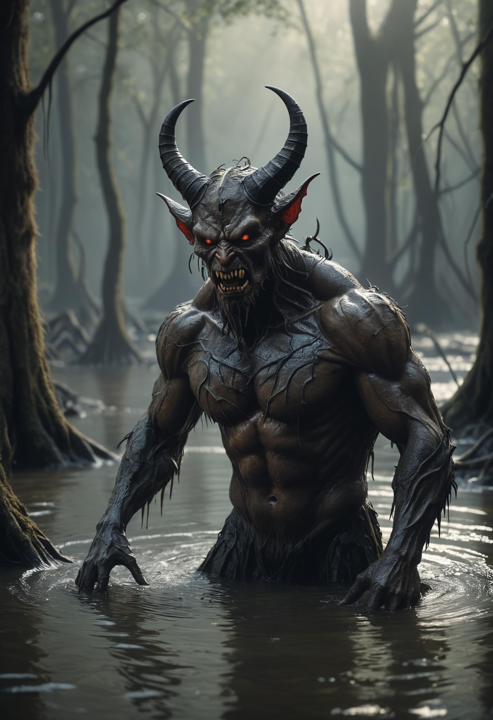 Man with horns and fangs standing in a river.