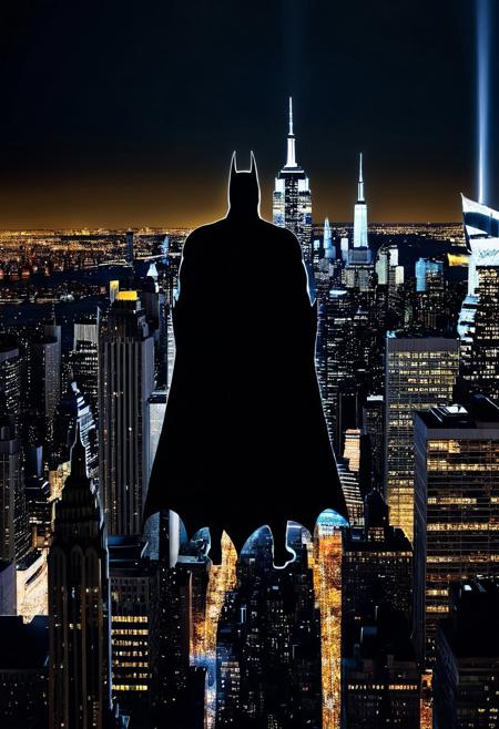 Centered, Incredibly Detailed Accurate Picture Of The New York City Skyline, With A BATMAN silhouette Standing In Front of It at night, On New Year's Eve