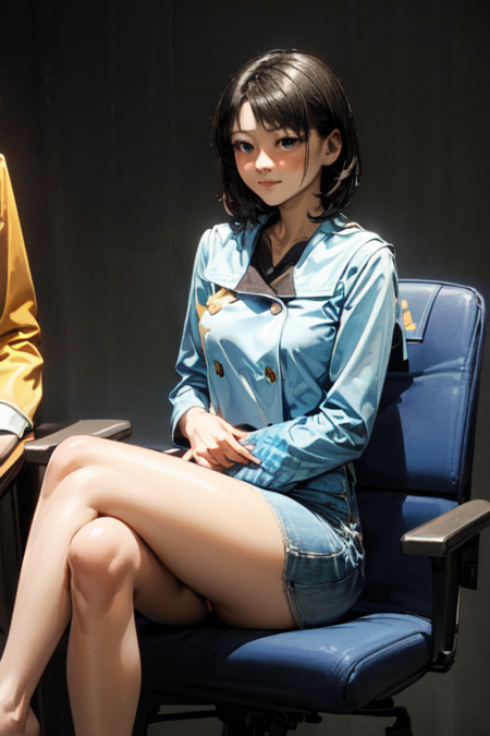 Ozu, 1girl, short hair, black hair, blue shirt, short skirt,