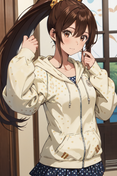 AkineKuga, 1girl, solo, very long hair, brown hair, long sleeves, brown eyes, collarbone, high ponytail, hair scrunchie, hooded sweater, hood down, polka dot skirt, 