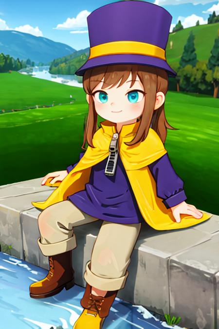 hatkid, child, brown hair, medium hair, blue eyes, top hat, yellow cape, purple jacket, zipper, beige pants, boots, smug, sitting, mountain, river <lora:hatkid:1>