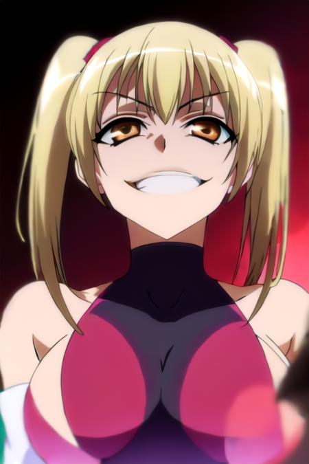 large breasts,twintails,1girl,brown eyes,blonde hair(1.2),short hair, brown hair,<lora:Kyoko (Korega)1:0.8>,red eyes,glowing,evil smile,smile,open mouth, evil grin,crazy,crazy smile,