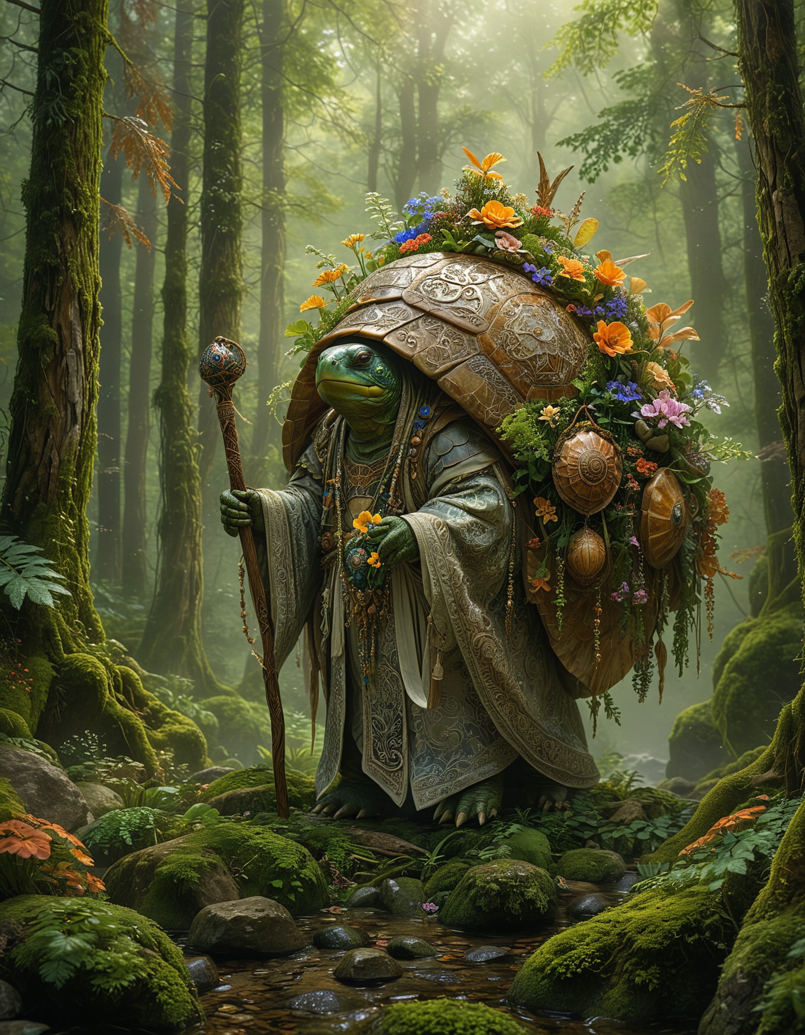 An anthropomorphic turtle standing amidst a forest draped in ornate robes and bearing a staff. Its shell is adorned with an array of vibrant flowers and foliage. 