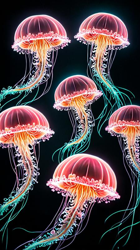 novuschroma70 style neon Jellyfish fractal, A serene group of light pink jellyfish floats gracefully in the pitch-black depths of the ocean, its delicate long tentacles trailing behind it like an intricate lace. A dramatic and unusual scene. A world of beauty. Vintage style with retro filter. Toning effects for Instagram, breathtaking photos. <lora:novuschroma70 style_:1.4>
