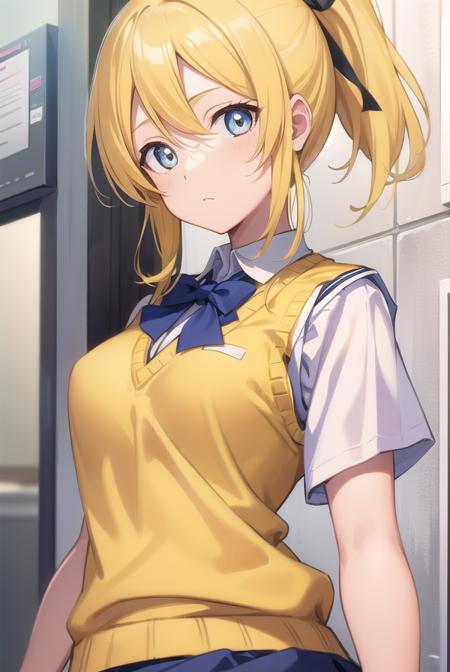 eliayase, <lora:eliayase-lora-nochekaiser:1>, 
eli ayase, yellow hair, blue eyes, ponytail, hair ribbon, 
BREAK otonokizaka school uniform, pleated skirt, school uniform, short sleeves, skirt, summer uniform, sweater vest, (yellow sweater vest:1.5),
BREAK looking at viewer,
BREAK indoors, classroom, 
BREAK <lyco:GoodHands-beta2:1>, (masterpiece:1.2), best quality, high resolution, unity 8k wallpaper, (illustration:0.8), (beautiful detailed eyes:1.6), extremely detailed face, perfect lighting, extremely detailed CG, (perfect hands, perfect anatomy),