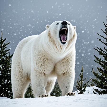 sfw, masterpiece, best quality,absurderes, lazypos, lazyreal,animal focus,cinematic film still,film grain,DLSR,HRD,fujifilm pro,wide angle shot,professional photography,a massive polar beat with white fur and huge fangs rears up on its hind legs and roars in the midst of an intense snow storm. The background is a tundra with some small evergreen shrubs, which are mostly occluded by the swirling snow.