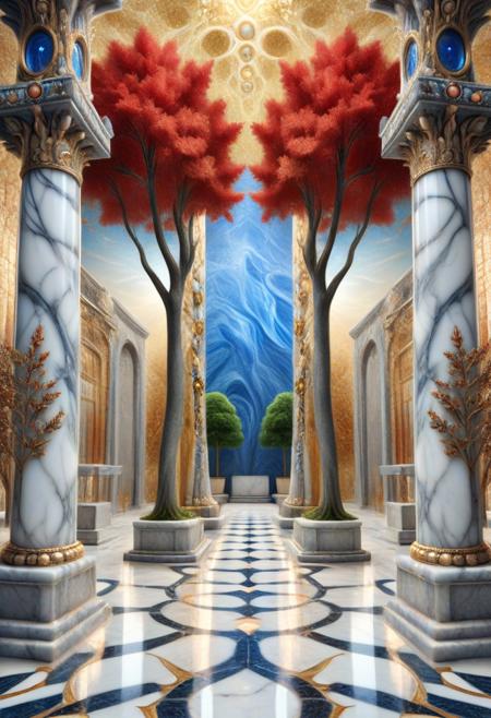 very aesthetic, very absurdres, very masterpiece, artistic, symmetrical, photo realistic, hdr, tree, glass. made of marble, colour gold white blue red. gold background