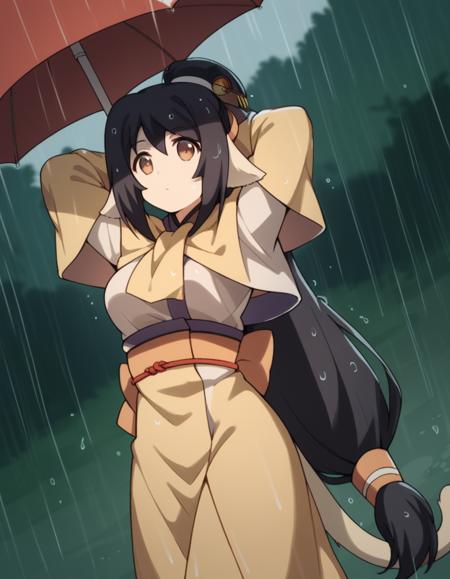 kuon, long hair, black hair, hair ornament, animal ears, brown eyes, very long hair, ponytail, low-tied long hair, medium breasts, tail, robe, long sleeves, capelet, wide sleeves,