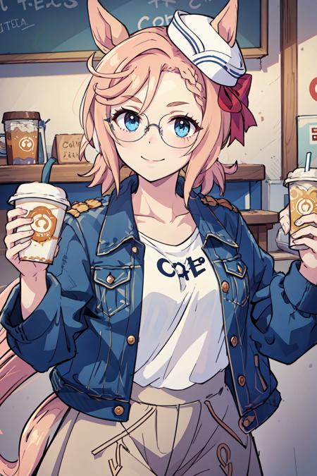 vnspkoff, 1girl, horse ears, animal ears, horse girl, horse tail, tail, holding, cup, blue eyes, jacket, holding cup, smile, blue jacket, looking at viewer, disposable cup, shirt, brown skirt, denim jacket, skirt, white shirt, blonde hair, pink hair, beret, braid, denim, bangs, white headwear, closed mouth, bag, breasts, glasses, at cafe
<lora:vnspk:1.0>