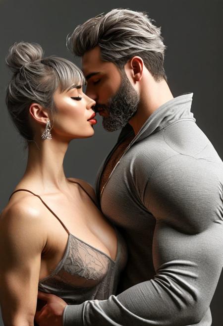 [<lora:Sexy Musclebear Men:0.1>]
<lora:CyberRealistic Negative:1>,
<lora:Detail ++:1>,
<lora:Perfect Eyes XL:1>,
<lora:Hands XL + SD 1.5:1>,
8k, Imax, HDR, perfect light, bokeh, depth of field, masterpiece, high resolution, best quality,
IMax, Carl Zeiss 85mm, a cinematic shot, ((ultra detailed:1)),
gray short hair, ((gray hair color)), hair combed back, fitness body, big muscles, 1man, brown Hooded eyes, Fleshy nose, Thin Lips, Prominent Cheekbones, Cupped Ears, small Lobe size, Attached Ears, Symmetrical Ears, Full mouth, Angular jawline, Full 
triangular gray beard, Mesomorph body, 
gray whiskers, Lampshade gray mustache, Tan Skin tone, Broad Shoulders, Muscular Neck, Young Adult, Young Adult age,
(composition by Wes Anderson), (Pierre-Auguste Renoir light),
big tits,
man gently lifts his lover's leg, her body leaning into his embrace. With a delicate touch, he cradles her leg, lifting it with care as their lips meet in a tender kiss. Their bodies are intertwined the warmth of their closeness palpable. The man's strength is evident as he supports her effortlessly, his other arm wrapped securely around her waist, drawing her closer. Their surroundings fade into insignificance as they share this intimate connection, lost in the moment of their affection. It's a gesture of love, trust, and mutual desire, capturing the beauty and tenderness of their bond in a single, fleeting moment.