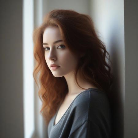 high detailed texture, photograph, realistic,
RAW photo of young woman, emo, dark hair, makeup, depth of field, soft split ambient window light, soft realistic shadows, perfect composition, 	a beautiful girl, 28 years old ginger, wavy hair, grey eyes, perfect skin, leaning back against a wall, medium breast, black croptop, neutral expresion, soft light, side view