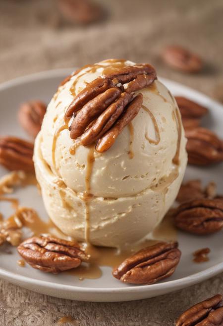 RAW photo, butter pecan ice cream, hot summer day, food photo, DSLR, whole pecans and a caramel drizzle garnish, soft lighting, high quality, film grain, Fujifilm XT