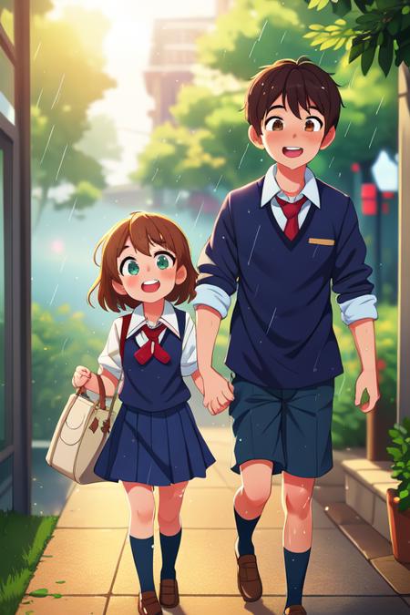 (best quality, high quality:1.3), hires, masterpiece, highly detailed, cg, reflections, ray tracing, lens flare, cinematic lighting, cinematic bloom, rule of three, golden ratio, vanishing point, bokeh, intricate details, 1boy, 1girl, 2others, couple, height difference, school uniforms, walking towards school entrance, happy, raining, soaking wet, umbrella, foggy, dreamy, close up