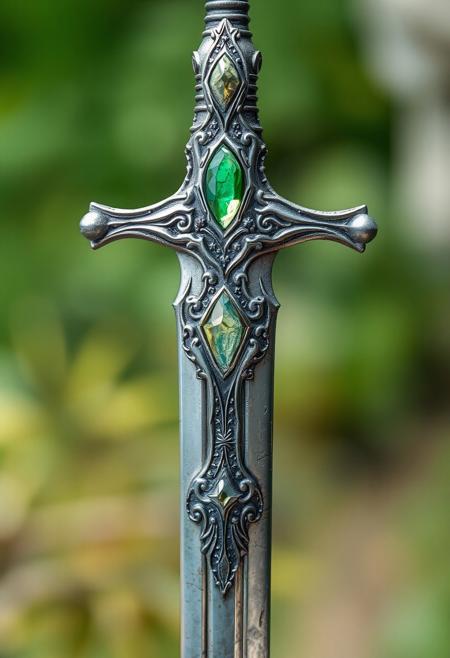A Highly Detailed Ancient Looking Silver Sword With A Light green Gem embedded in the hilt