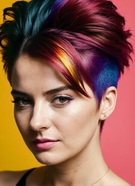 portrait of sks woman by Flora Borsi, style by Flora Borsi, bold, bright colours, rainbow Mohawk haircut, ((Flora Borsi)), <lora:lora_shailene_v1_from_v1_160:1>