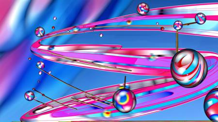 UNDULATING spinning tops and water drops, psychedelic pinball! <lora:AeroXL-000325:1> marbles rolling along many branching lines, Flamingo Pink and Dazzling Blue desktop background for windows vista 2007 3d swirl lines