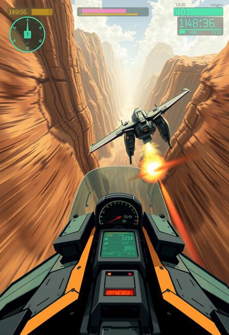 A cockpit view of a flying mech chasing another flying mech through a canyon.  A HUD displaying velocity, mech status, weapon status, as well as other things that are relevant.  A missile fired by the mech piloted by the viewer is closing in on the mech that is being chased.  Not cartoony or anime at all.  The image should be gritty and realistic looking as possible.